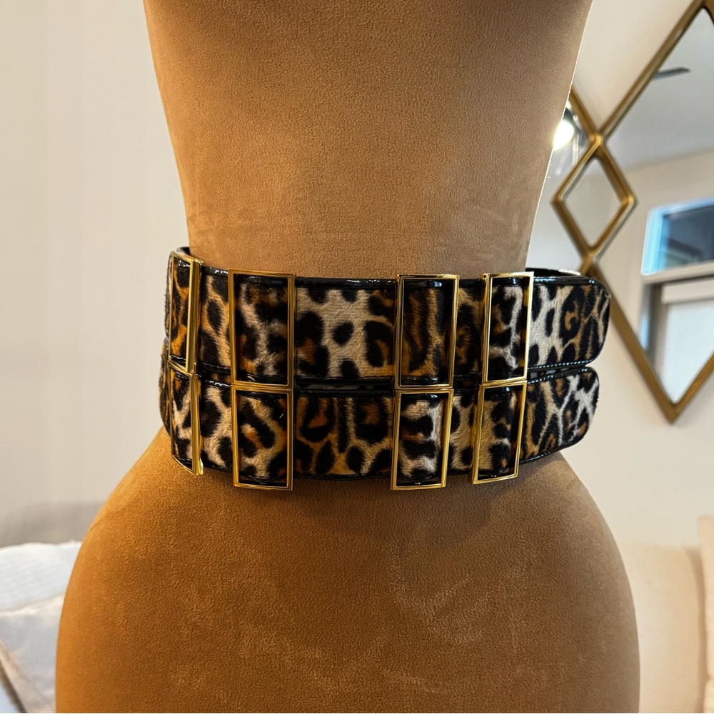 Leopard Print Wide Statement Waist Belt with Gold Accents